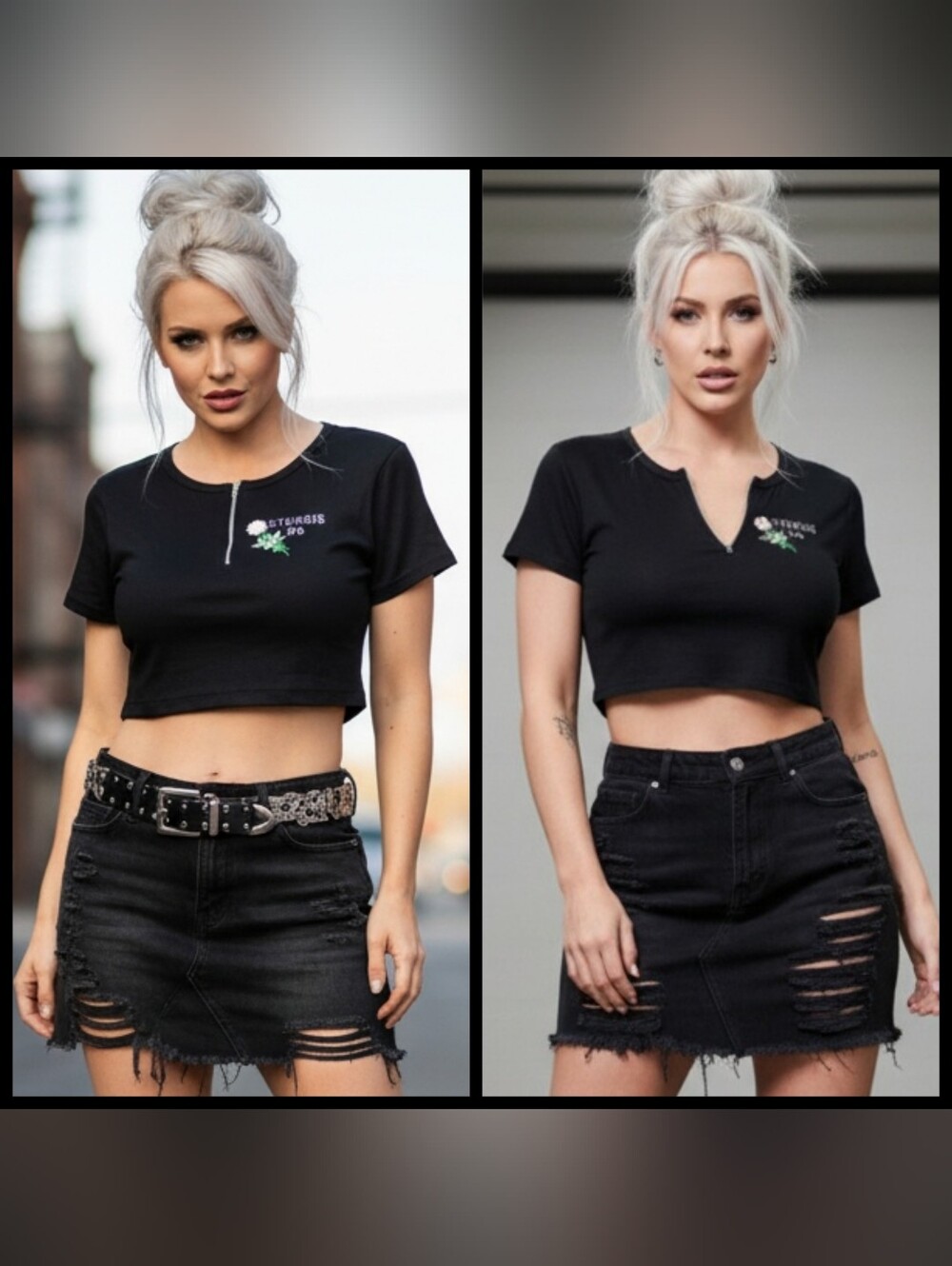 Vtg 90s blk Sturgis 96 graphic embroidered rose baby doll crop top L/XL NWOT